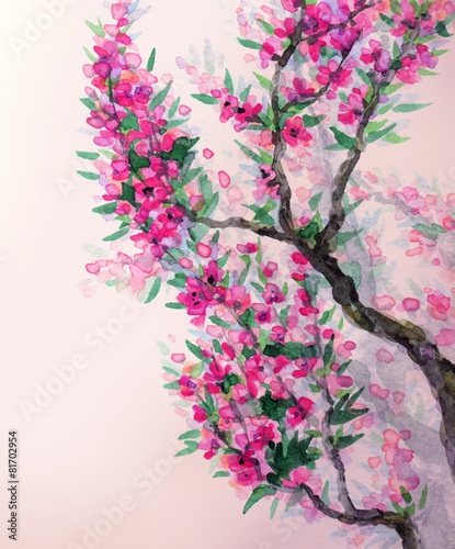 tlo-wiosna-akwarela-magenta-kwiaty-na-galezi-drzewa