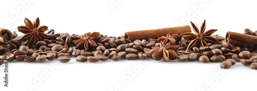 Fototapeta Scattered coffee beans in line on white