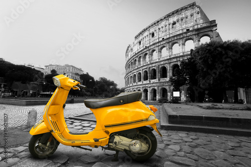Yellow vintage scooter on the background of Coliseum Poster
