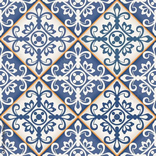 Fototapeta Seamless pattern from dark blue and white Moroccan tiles