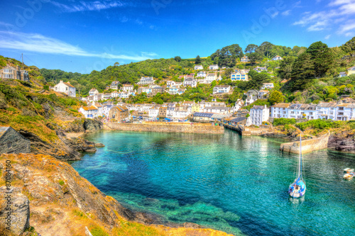 Poster Polperro harbour Cornwall England clear blue and turquoise sea HDR