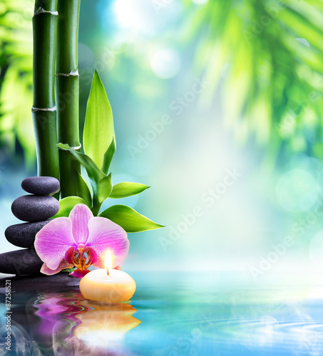 spa-still-life-swieca-i-kamien-z-bambusa-w-przyrodzie