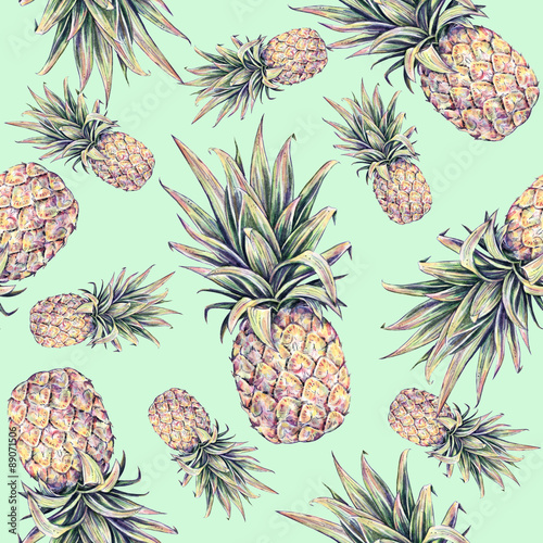Fototapeta Pineapples on a light green background. Watercolor colourful illustration. Tropical fruit. Seamless pattern
