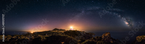 360° rectilinear panoramic view of starry night with milky way arc and lighthouse of Capo Spartivento