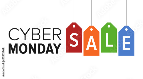 Cyber Monday sale website display with colorful hang tags vector promotion