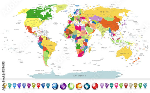 Obraz na płótnie Highly detailed political world map with a glossy navigation set
