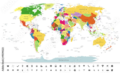 Fototapeta Political World Map with navigation icons