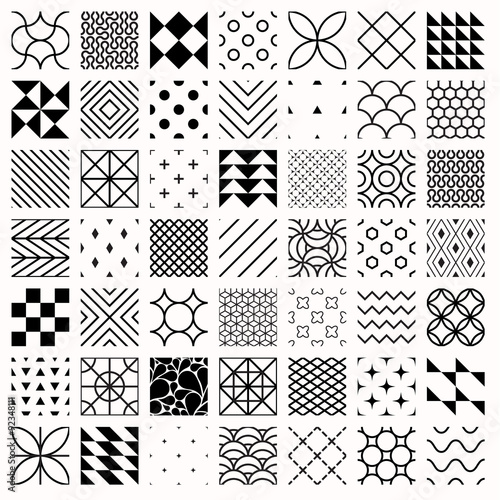 Lacobel Set of geometric seamless patterns, triangles, lines, circles. Black and white different background