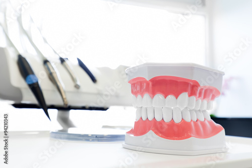 Zdjęcia Clean teeth denture, dental jaw model in dentist's office.