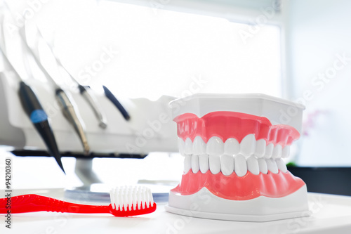 Zdjęcia Clean teeth denture, dental jaw model and toothbrush in dentist's office