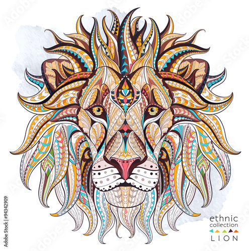 Obraz na płótnie Patterned head of the lion on the grunge background. African / indian / totem / tattoo design. It may be used for design of a t-shirt, bag, postcard, a poster and so on. 