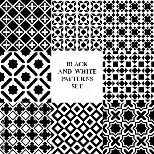 Lacobel Black and white geometric tiles seamless patterns set, vector