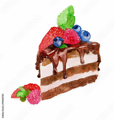 Zdjęcia the delicious cake watercolor hand drawing on wallpaper isolated on the white ba