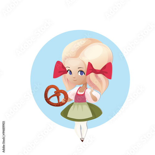 Blond German Girl with pretzel in dirndl autumn bretzel cartoon character chibi cute dirndl dress europe fest festive food germany girl illustration kid national octoberfest oktoberfest pretzel tourism traditional travel vector young