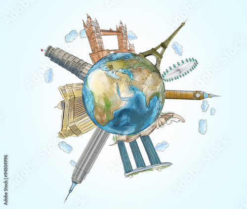 A globe with sketched famous places. The concept of travelling and sightseeing. Elements of this image furnished by NASA.