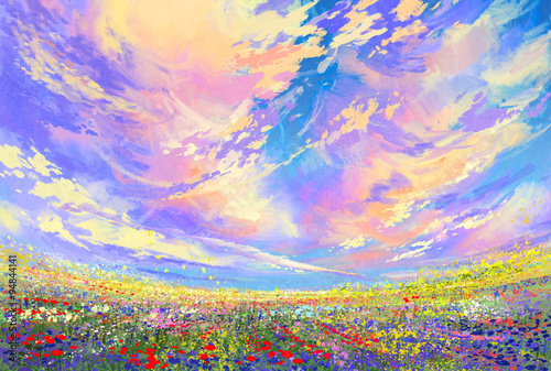 Zdjęcia landscape painting,colorful flowers in field under beautiful clouds