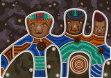 An illustration based on aboriginal style of dot painting depicting darkness and friendship