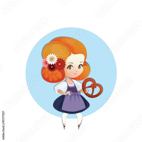 Cuter Girl with pretzel in dirndl autumn bretzel cartoon character chibi cute dirndl dress europe fest festive food germany girl illustration kid national octoberfest oktoberfest pretzel tourism traditional travel vector young