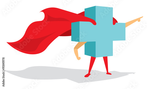 Medical health cross super hero with cape bravely pointing forwa