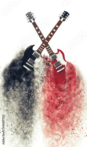 Fototapeta Red and black electric guitars disintegrating