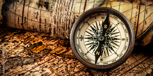 Obraz Fotograficzny Old vintage compass on ancient map