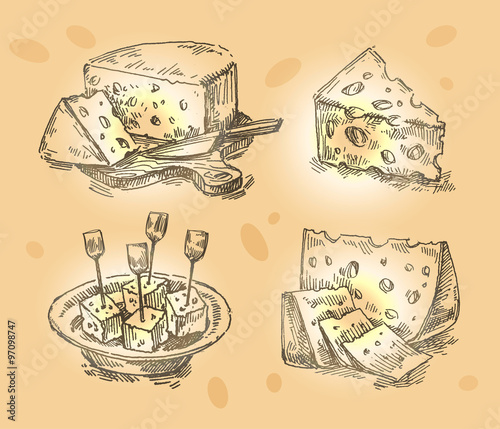 "hand drawn sketch set cheese. vector illustration" Stock image and