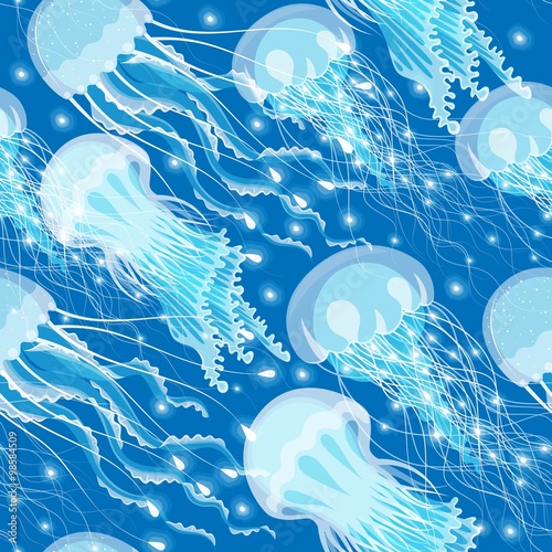 Fototapeta Seamless glowing jellyfish