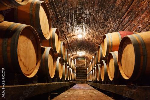 Lacobel Oak barrels in a underground wine cellar