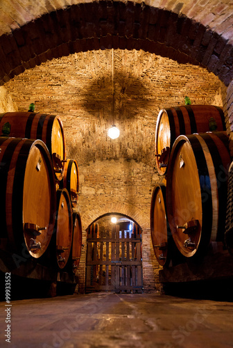 Fototapeta Old traditional dark wine cellar with big wooden barrels