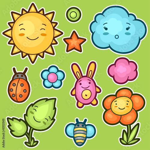 Set of kawaii doodles with different facial expressions. Spring collection cheerful cartoon characters sun, cloud, flower, leaf, beetles and decorative objects