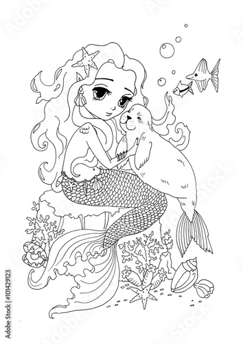 Coloring page The Mermaid Lady and the sea cat
