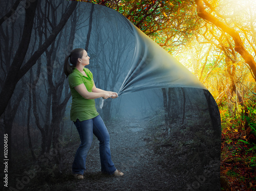 Woman and scary forest