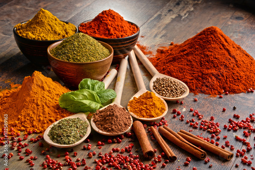 Variety of spices on kitchen table