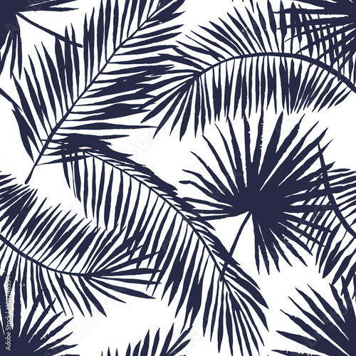 Lacobel Palm leaves silhouette on the white background. Vector seamless pattern with tropical plants.