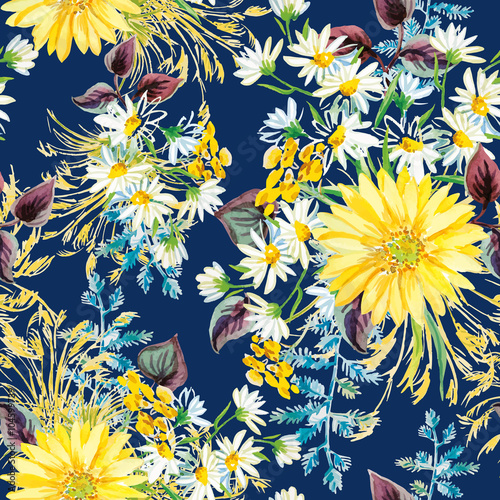 zolte-i-biale-kwiaty-z-fioletowymi-liscmi-i-kwiatowy-elementy-na-ciemnym-niebieskim-tle-akwarela-bezszwowe-wzor-z-letnich-kwiatow-gerbera-i-stokrotki