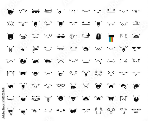 Set of 99 different pieces of doddle emotions to create characters. Emotions for design. Anime. Anger and joy. Surprised and hurt. Indifference and shock. Laughter and tears. Emotions handmade