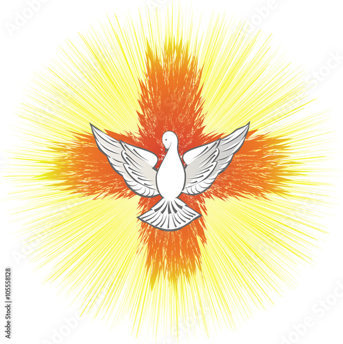 Holy Spirit symbol, dove with halo and light rays in a shape of a cross ...