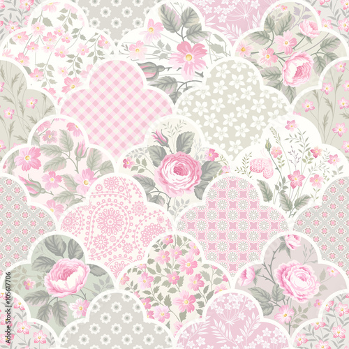 seamless floral patchwork pattern with roses in pastel colors