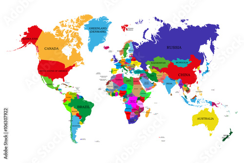Fototapeta Colored political world map with names of sovereign countries and larger dependent territories. Different colors for each countries