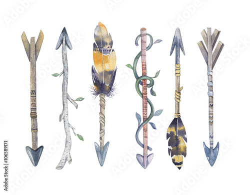  Watercolor colorful ethnicset of arrows in native american style