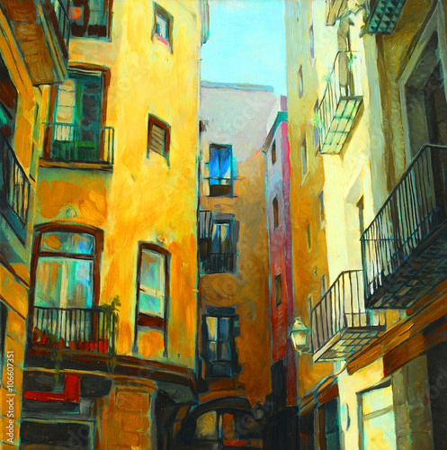 landscape-is-in-the-gothic-quarter-of-barcelona-painting-by-oil