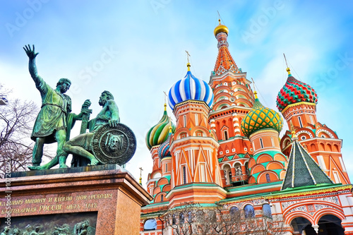 Poster St. Basils cathedral and monument on Red Square in Moscow, Russia