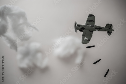 Poster Air Force bombing in the city of the enemy in the world war, Atom bomb drop down from airplane for kill enemy of allied forces