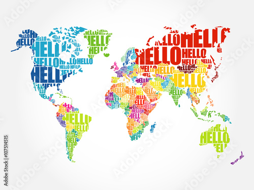 Fototapeta HELLO Word Cloud World Map in Typography, background concept