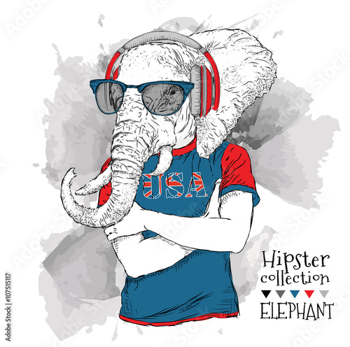  Illustration of elephant dressed up in the glasses and in the t-shirt with print of USA flag. Vector illustration.
