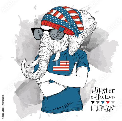 ilustracja-slon-ubieral-up-w-szklach-w-koszulce-z-drukiem-usa-flaga-i-ilustracji-wektorowych