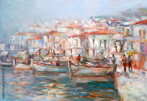 boats-on-the-island-harbor-handmade-painting