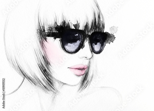 kobieta-z-glasses-watercolor-mody-ilustracja