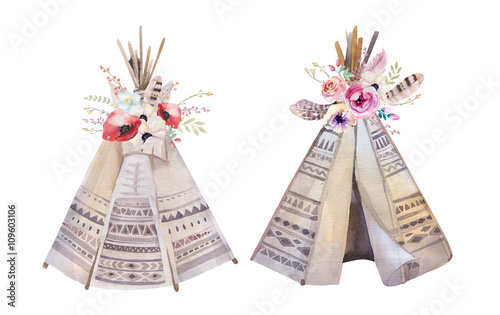  Handdrawn watercolor tribal teepee, isolated white campsite ten