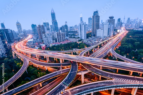 Aerial view of a highway overpass at night in Shanghai - China.